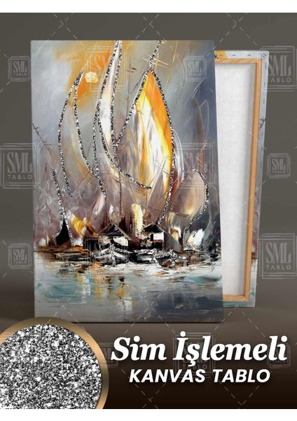 Sim Işlemeli Denizdeki Altın Yelkenli Gemiler Deniz Doğa Manzara Simli Dikey Kanvas Tablo fiyatları