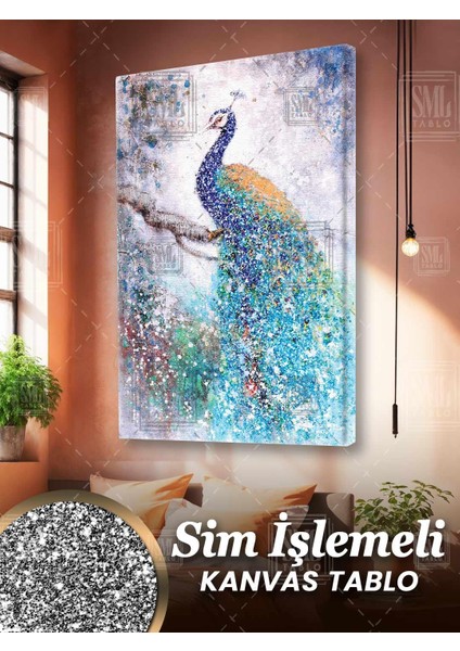 Sim Işlemeli Dala Konmuş Mavi Tavus Kuşu Art Hayvan Manzara Simli Dikey Kanvas Tablo