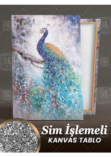 Sim Işlemeli Dala Konmuş Mavi Tavus Kuşu Art Hayvan Manzara Simli Dikey Kanvas Tablo fiyatları
