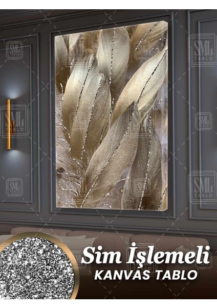 Sim Işlemeli Altın Tüyler Dekoratif Modern Simli Dikey Kanvas Tablo