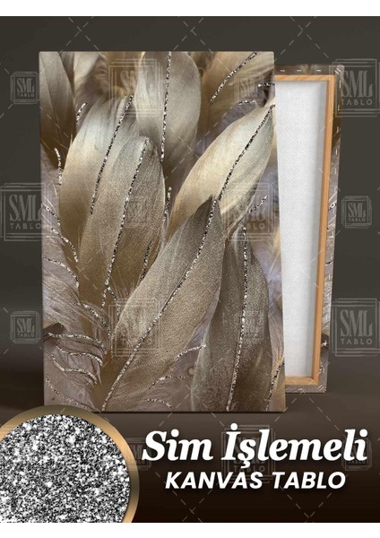 Sim Işlemeli Altın Tüyler Dekoratif Modern Simli Dikey Kanvas Tablo fiyatları