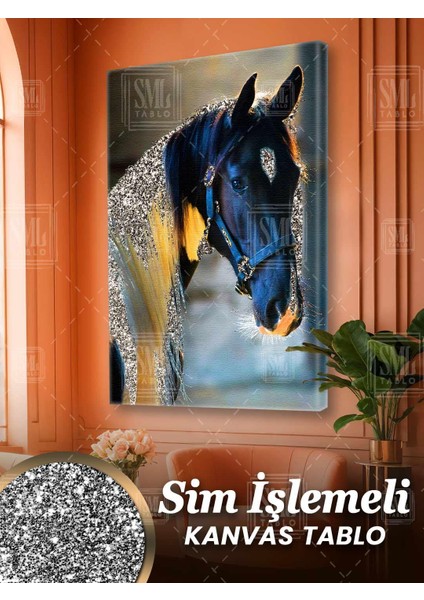 Sim Işlemeli Beyaz Yeleli Siyah At Asalet Dekor Hayvan Simli Dikey Kanvas Tablo
