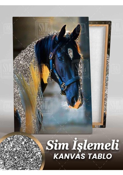 Sim Işlemeli Beyaz Yeleli Siyah At Asalet Dekor Hayvan Simli Dikey Kanvas Tablo fiyatları