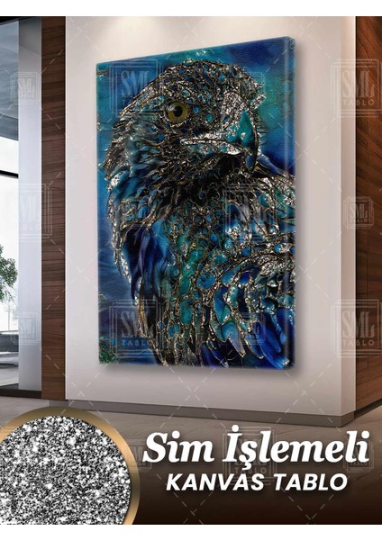 Sim Işlemeli Altın Çizgisel Kartal Asalet Hayvan Asil Modern Sanat Simli Dikey Kanvas Tablo
