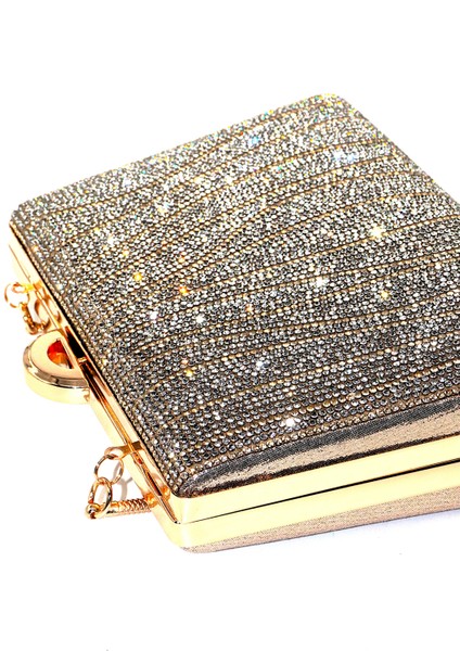 Suyolu Taşlı Gold Abiye Çanta. Abiye Portföy Clutch Davet Gece Çantası Kadın Altın Abiye Taşlı Çanta
