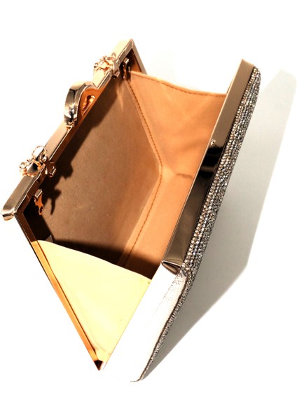 Suyolu Taşlı Gold Abiye Çanta. Abiye Portföy Clutch Davet Gece Çantası Kadın Altın Abiye Taşlı Çanta