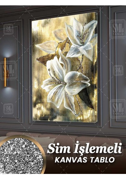Sim Işlemeli Beyaz Çiçek Altın Gold Dekor Varaklı Simli Dikey Kanvas Tablo