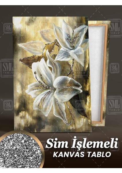Sim Işlemeli Beyaz Çiçek Altın Gold Dekor Varaklı Simli Dikey Kanvas Tablo fiyatları