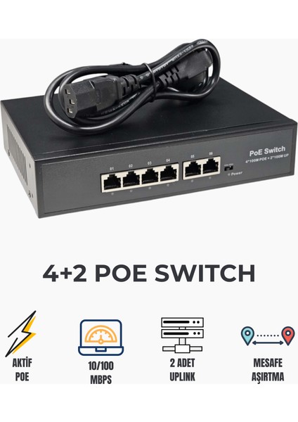 4+2 Port Aktif Poe Switch | Ip Kamera Sistemleri Için Güç ve Veri Çözümü