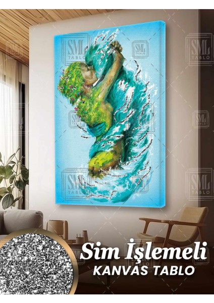 Sim Işlemeli Birbirine Sarılan Doğa Su ve Toprak Ana Aşk Love Simli Dikey Kanvas Tablo