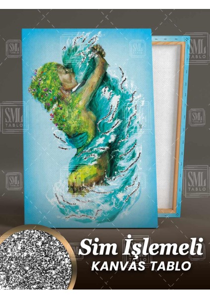 Sim Işlemeli Birbirine Sarılan Doğa Su ve Toprak Ana Aşk Love Simli Dikey Kanvas Tablo fiyatları