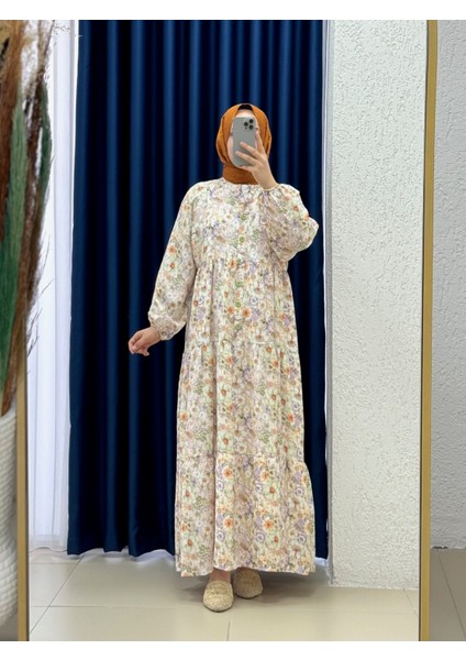 Mirana Yarım Patlı Katkatlı Çiçekli ELBISE-KN9855 Turuncu