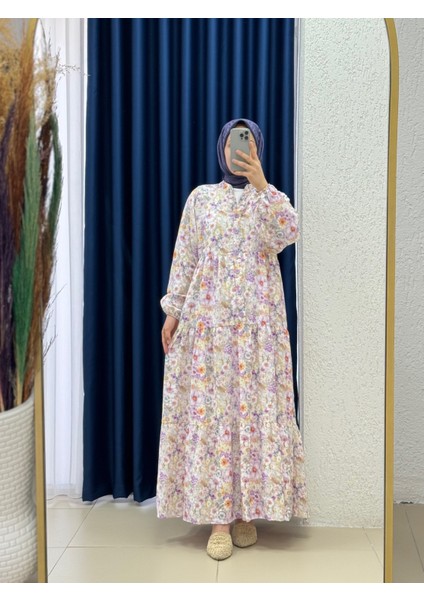 Mirana Yarım Patlı Katkatlı Çiçekli ELBISE-KN9855 Lila