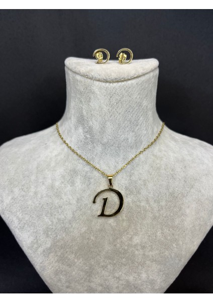 D Harfi Gold Çelik Kolye ve Küpe Set