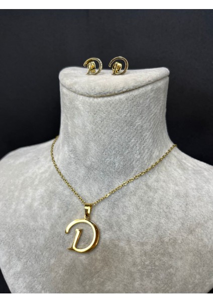 D Harfi Gold Çelik Kolye ve Küpe Set modelleri