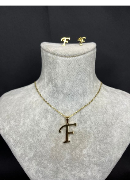 F Harfi Gold Çelik Kolye ve Küpe Kolye