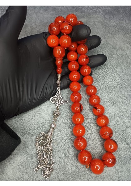 Büyük Boy Hareli Eski Özel Püsküllü Sıkma Kehribar Tesbih