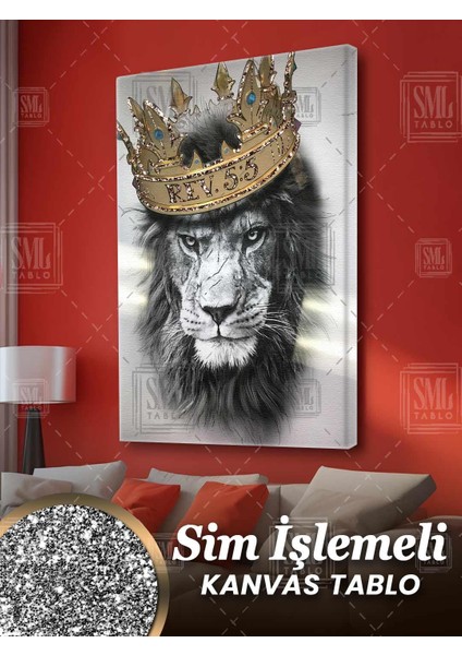 Sim Işlemeli Kral Taçlı Aslan Güç Cesaret Asalet Vahşi Hayvan Simli Dikey Kanvas Tablo