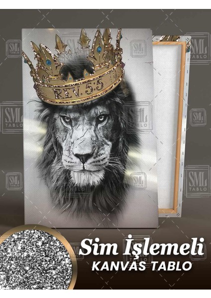 Sim Işlemeli Kral Taçlı Aslan Güç Cesaret Asalet Vahşi Hayvan Simli Dikey Kanvas Tablo fiyatları