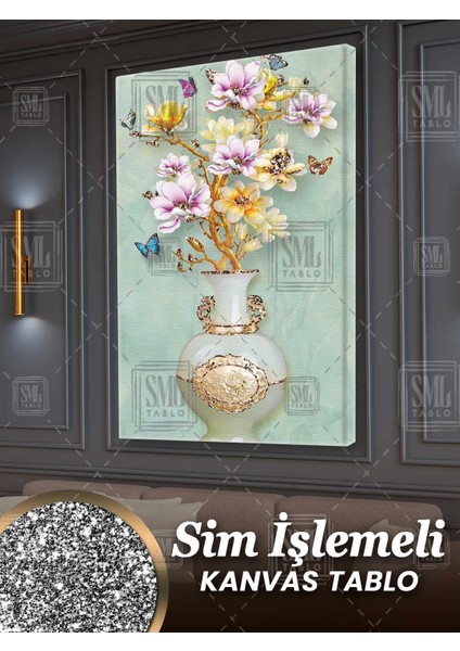 Sim Işlemeli Mermer Üzerinde Altın Vazo Içinde Çiçekler Dekor Simli Dikey Kanvas Tablo