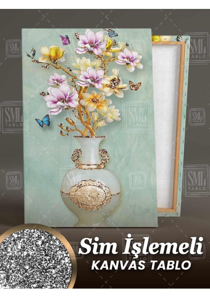 Sim Işlemeli Mermer Üzerinde Altın Vazo Içinde Çiçekler Dekor Simli Dikey Kanvas Tablo fiyatları