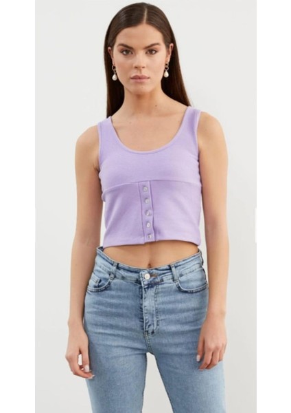 Askılı Düğme Detaylı Ribana Crop Tişö