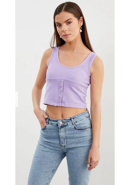 Askılı Düğme Detaylı Ribana Crop Tişö