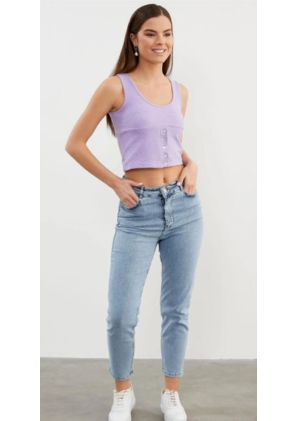 Askılı Düğme Detaylı Ribana Crop Tişö