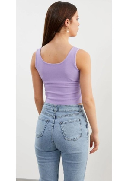Askılı Düğme Detaylı Ribana Crop Tişö