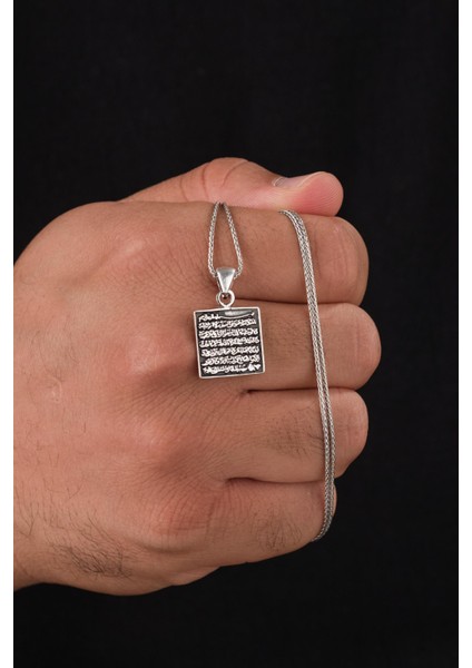 925 Ayar Gümüş Ayetel Kürsi Ayet Karartmalı Kare Model Kolye
