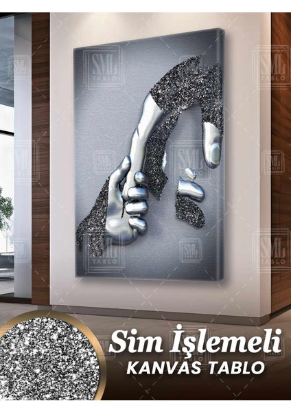 Sim Işlemeli Metal Zincir Birbirini Tutan Demir Eller Love Gümüş Lüks Dekor Simli Dikey Kanvas Tablo