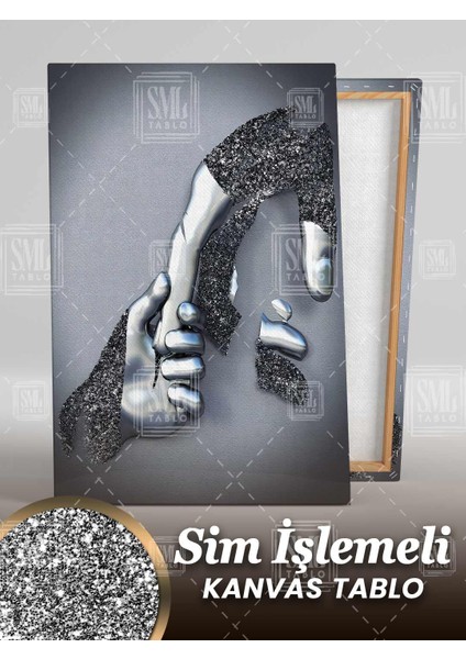 Sim Işlemeli Metal Zincir Birbirini Tutan Demir Eller Love Gümüş Lüks Dekor Simli Dikey Kanvas Tablo fiyatları