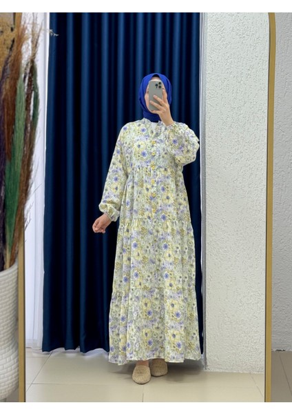 Mirana Yarım Patlı Katkatlı Çiçekli ELBISE-KN9855 Yeşil
