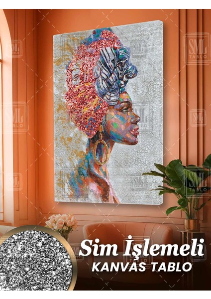 Sim Işlemeli Afrikalı Küpeli Kız Afrıcan Woman Girl Kadın Simli Dikey Kanvas Tablo