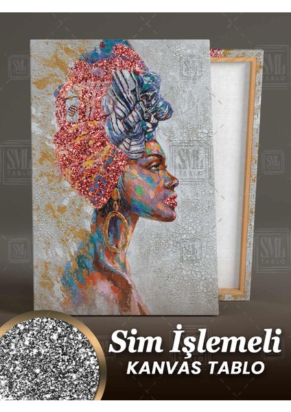 Sim Işlemeli Afrikalı Küpeli Kız Afrıcan Woman Girl Kadın Simli Dikey Kanvas Tablo fiyatları