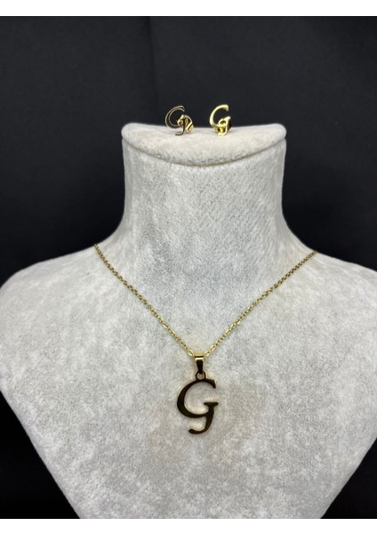 G Harfi Gold Çelik Kolye ve Küpe Set
