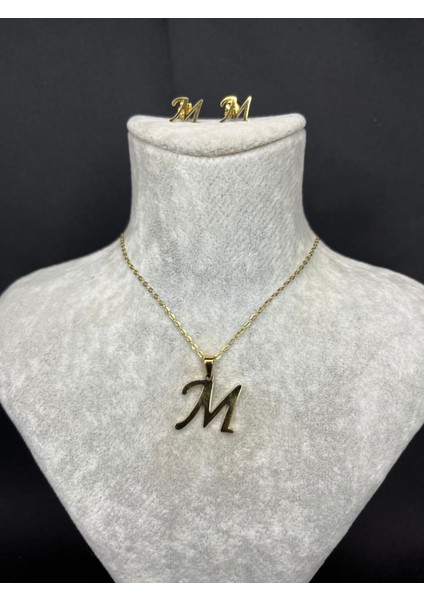 M Harfi Gold Çelik Kolye ve Küpe Set