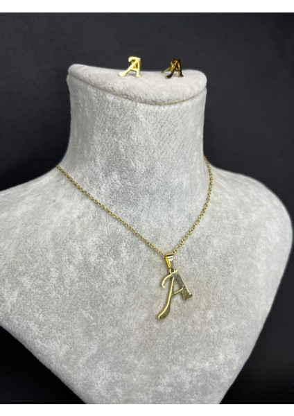 A Harfi Gold Çelik Kolye ve Küpe Set modelleri
