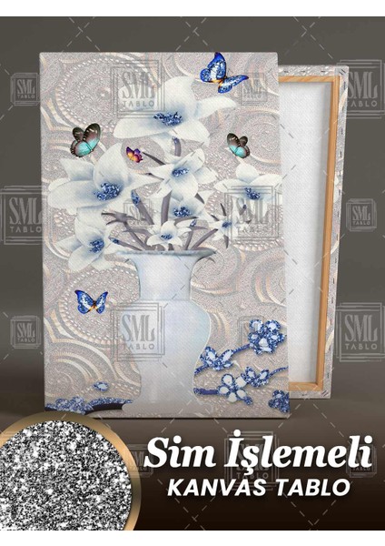 Sim Işlemeli Beyaz Vazo Içindeki Çiçeklere Konan Mavi Kelebekler Modern Simli Dikey Kanvas Tablo fiyatları