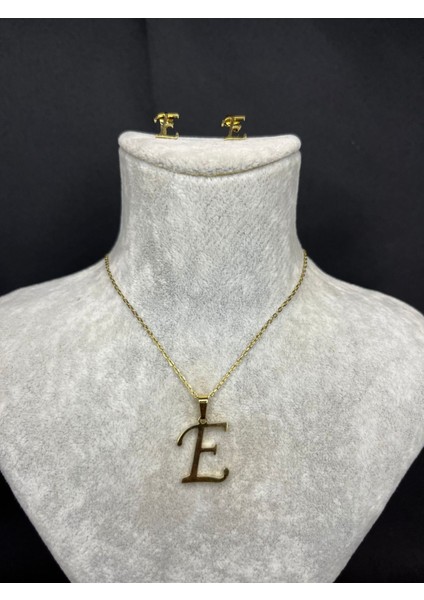 E Harfi Gold Çelik Kolye ve Küpe Set