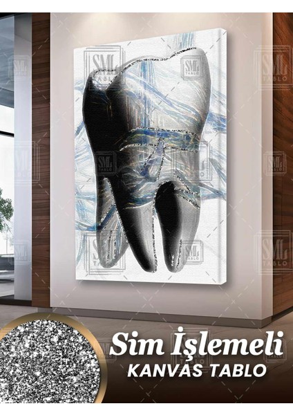 Sim Işlemeli Diş Hekimi Odası Büro Diş Ağız Sağlığı Dekor Simli Dikey Kanvas Tablo