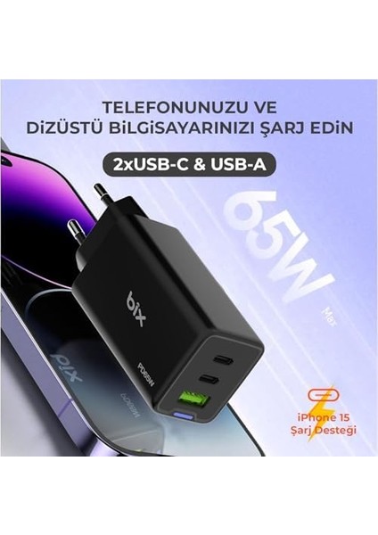 BX3P66G Gan 65W 2*type-C Pd 3.0 ve Usb-A Qc Üç Portlu Hızlı Şarj Cihazı (Siyah)