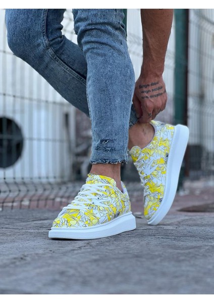 J501 Bağcıklı Sarı Beyaz Renkli Baskılı Ortopedik Taban Erkek Sneaker Günlük Ayakkabı Rt Çok Renkli fırsatları