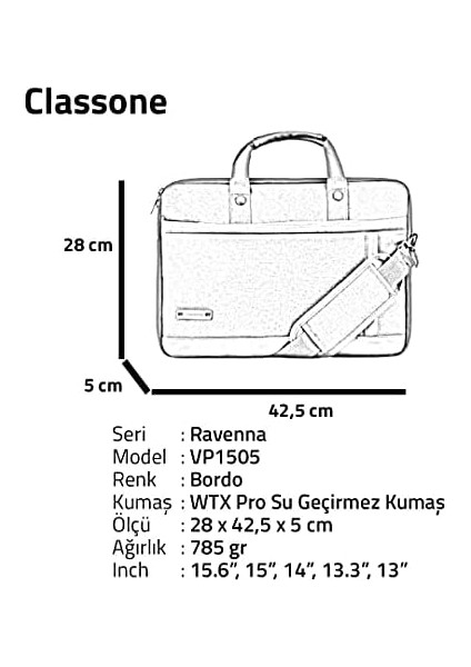 Rnna VP1505 15,6" Su Geçirmez Kumaş ve Fermuar Notebook Laptop El Çantası-Bordo