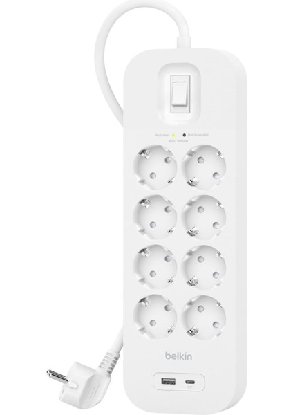 8&apos;li Çoklu Priz, Yüksek Gerilim Korumalı, Duvara Montaj, 8 Priz, 2 M Güç Kablosu, Yeşil Işıklı Gösterge, Hızlı Şarj Için USB C Pd’li Usb-C ve Usb-A Bağlantısı; 900 Jul Koruma
