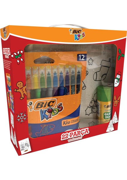 Kids Yeni Yıl Boyama Seti 22 Parça/keçeli Kalem/simli Yapıştırıcı/glue Stick/boyanabilir Kese/boyanabilir Yılbaşı Şapkası