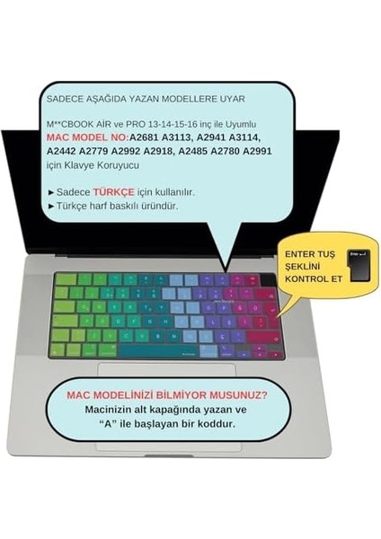 Macbook Klavye Koruyucu M1-M2-M3 (Türkçe Q) Touchid&apos;li A2681 A3113 A2941 A3114 A2442 A2779 A2992 A2918 A2485 A2780 A2991 ile Uyumlu Dazzle Pembe Yeşil modelleri