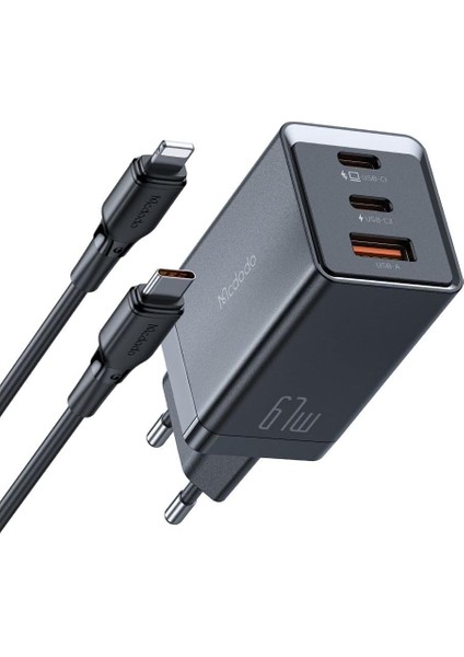 CH-1544 67W Gan 5 Pro 2 Type-C 1 Usb-A Girişli Hızlı Şarj Aleti -Type-C To Lıghtning Kablolu, Siyah