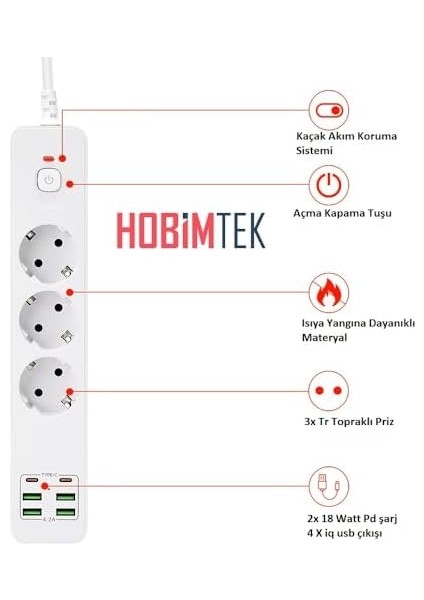 Hızlı Şarj Istasyonu 3000W 3 Lü Priz 2 Metre Uzatma Kablosu Çoklu Priz 4 USB 2 Type C Girişli 18 Watt Pd Şarj On/off Düğmeli