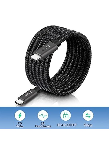 Solid 100W 5A Type C To Type C Iphone 15 Pro Max Plus Hızlı Şarj ve Data Kablosu Halat Örgülü Space Gray (3 Metre)